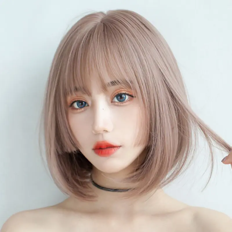 Pink short hair full top female air bangs hair wig full-head wig
