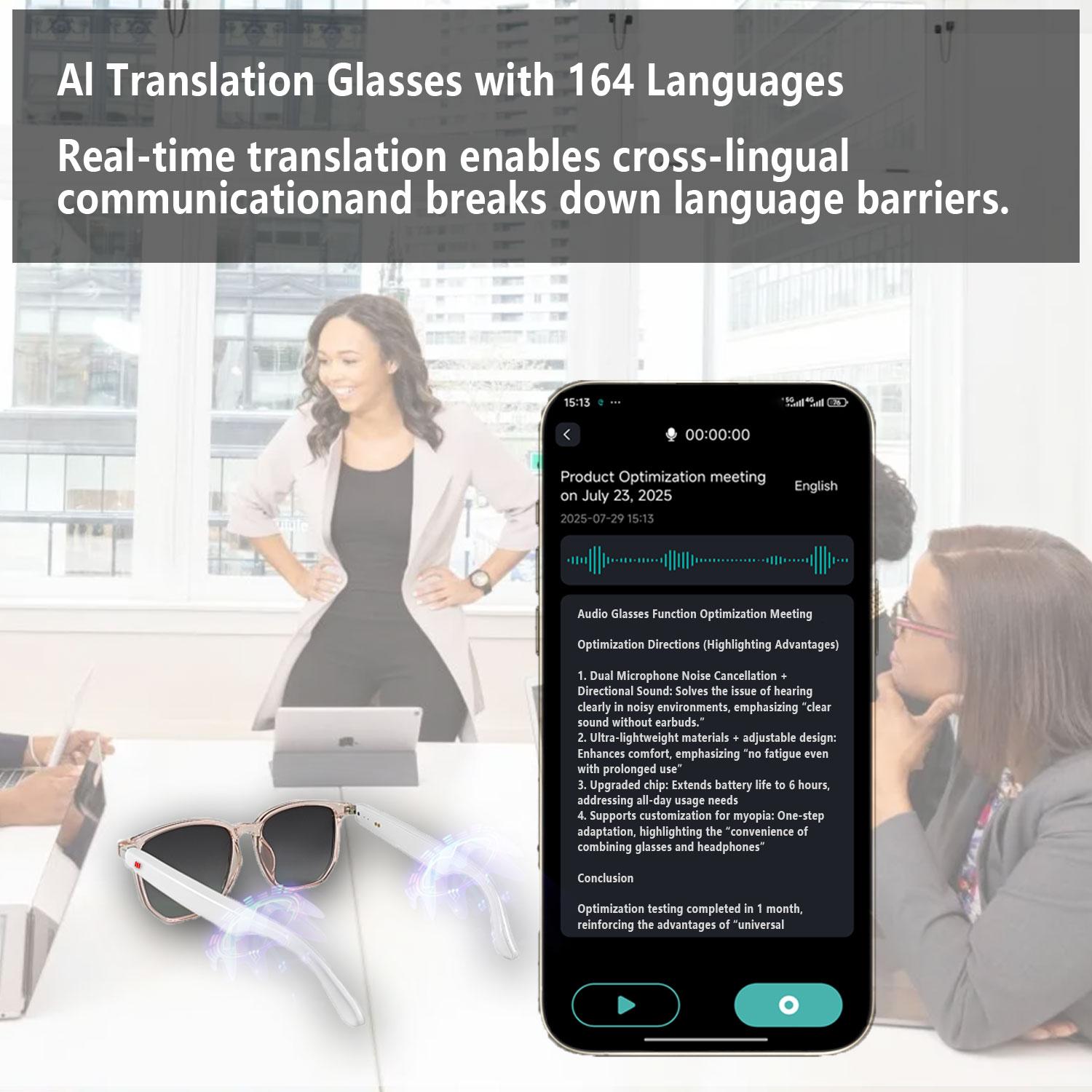 Smart AI translation audio glasses, real-time app translation in over 160 languages, light-sensitive color-changing lenses