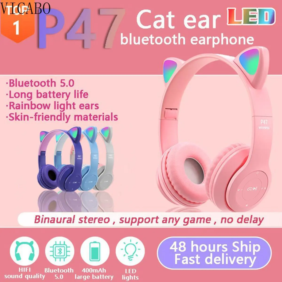 Headset Bluetooth Telinga Kucing P47m dengan RGB LED, Stereo Nirkabel Bass untuk Gaming, Ideal untuk Headphone dan Earphone HP Cewek