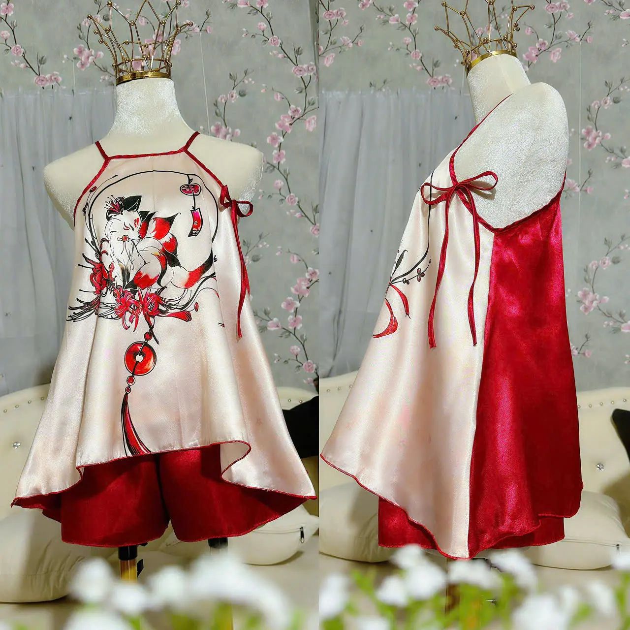 Đồ bộ yếm phi cứng in họa tiết mặc nhà Freesize dưới 55kg (họa tiết ngẫu nhiên) - Nữ - Women Voi Nhung