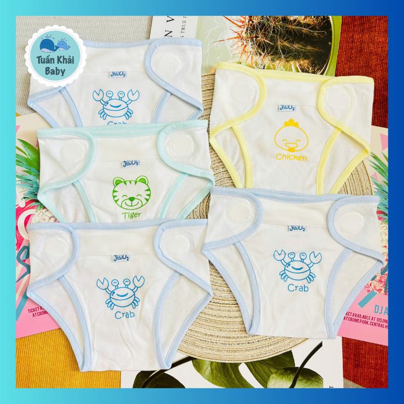 (3-9 Kg) -SET 5 Tã dán vải Cotton cho trẻ sơ sinh JOU - Miếng dán tả mềm, bo tròn, an toàn cho bé trai, bé gái Voi quần