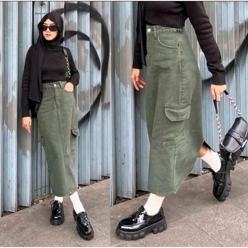 ROK KARGO JEANS Panjang Denim Karet Tebal Wanita Standar Katun A-Line Samping Melar Hitam Maxi Biru rok cargo tanpa belahan rok jeans span rok midi jumbo 1