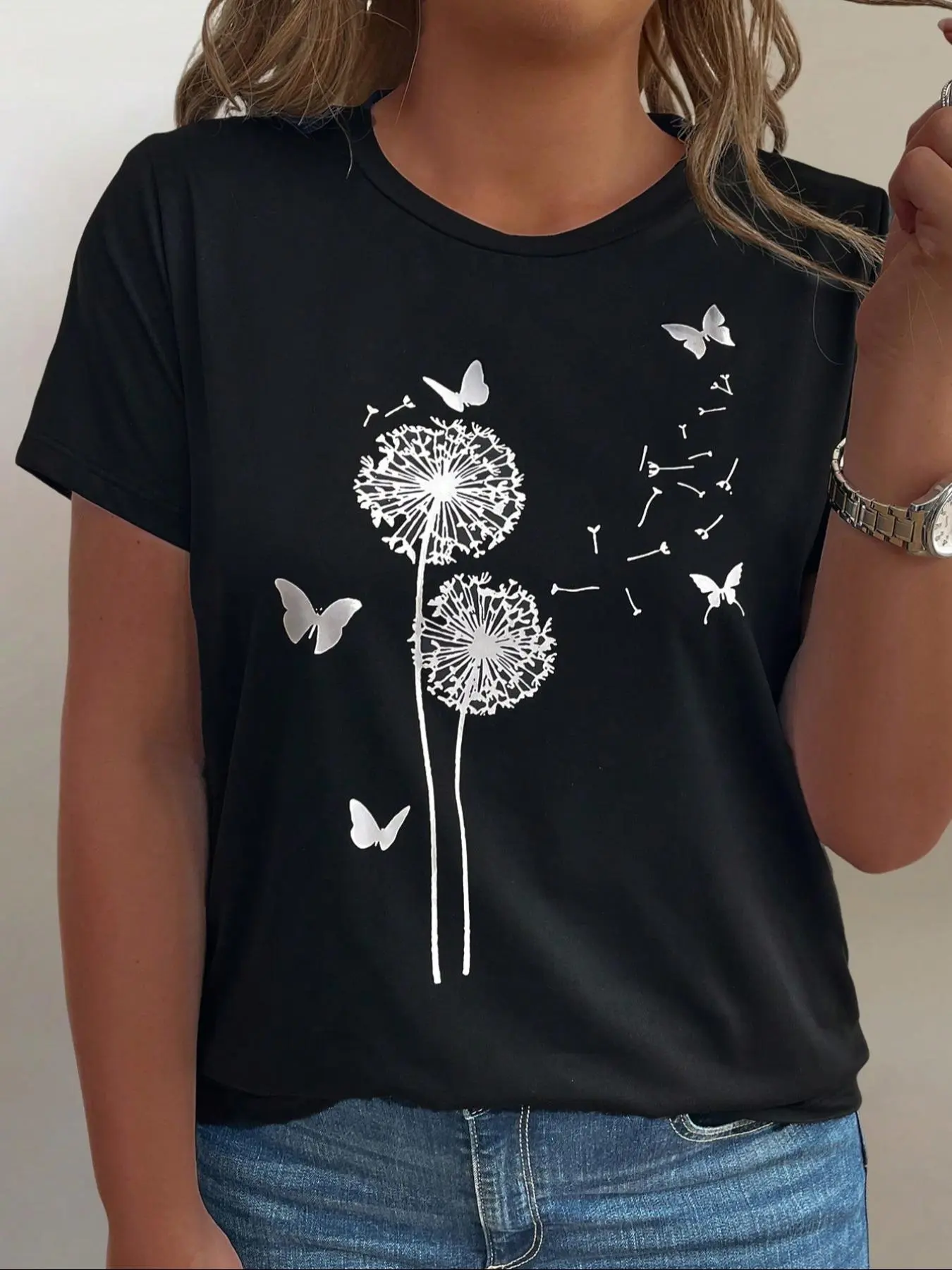 【Plus Size】 Butterfly & Dandelion Print Round Neck Tee, Casual Short Sleeve Crew Neck T-Shirt for Summer, Women's Clothing for Daily Wear