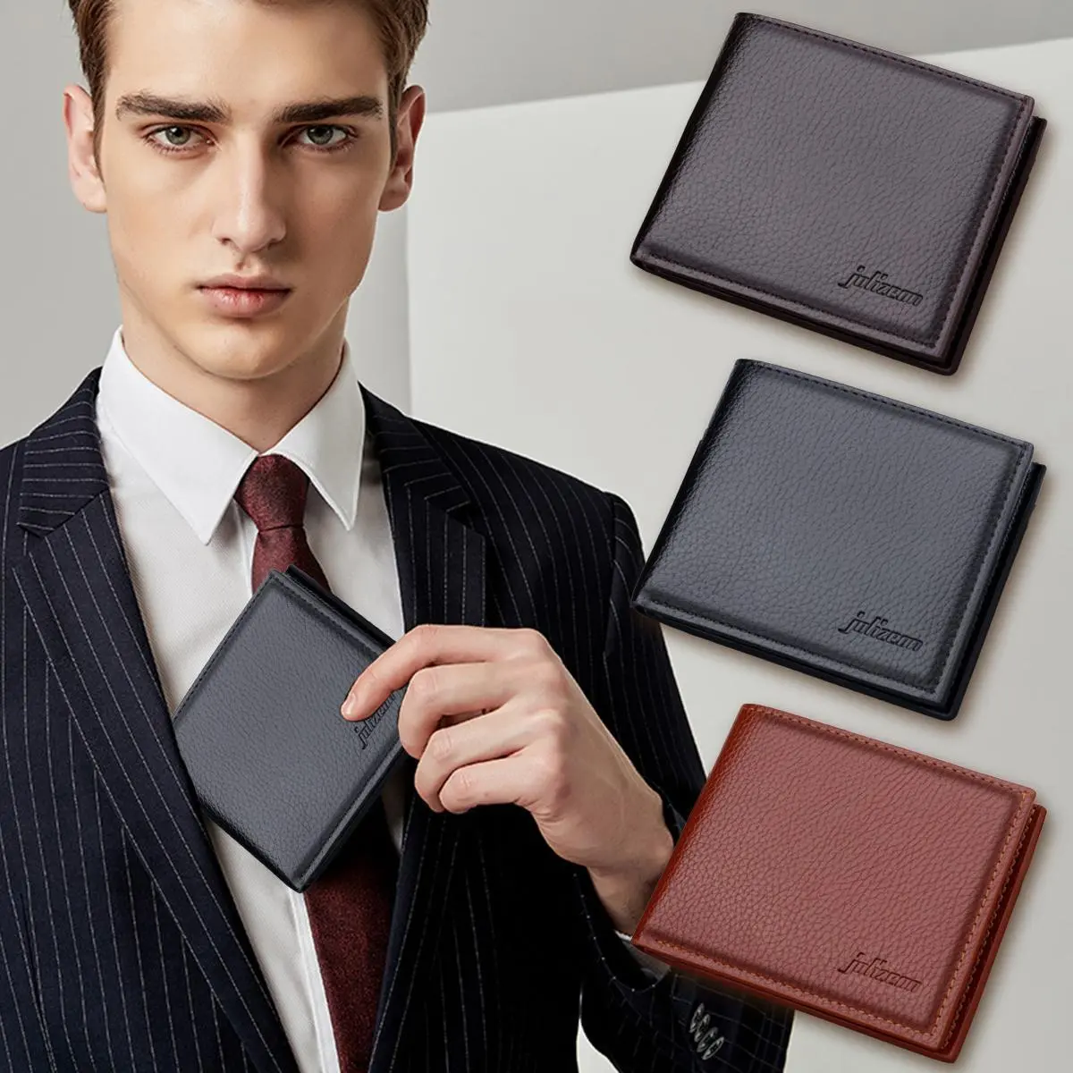 Men'S Short Wallet With Zipper Horizontal Wallet Men'S Leather Wallet