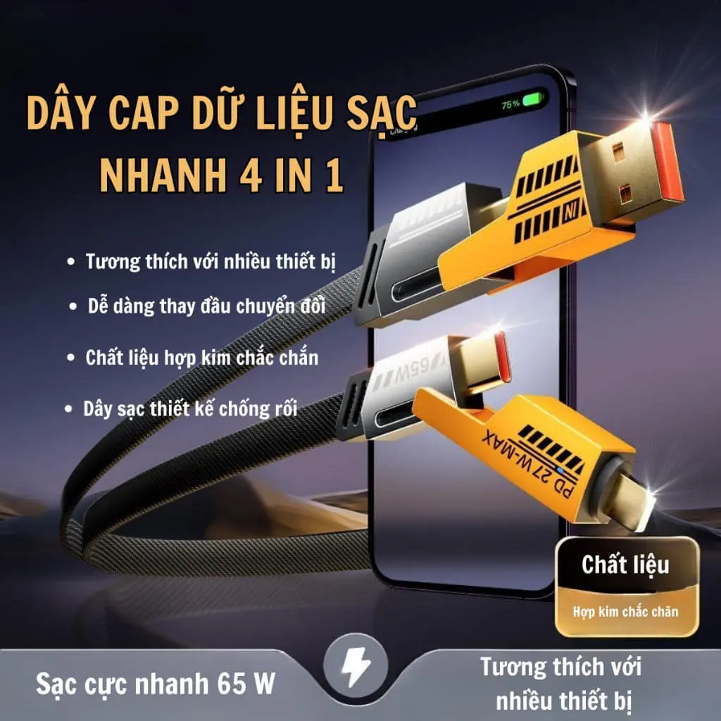 Dây Cáp Sạc Nhanh 20W => 65W 4 trong 1 cho typ.e-C bọc dù 4 cổng sạc cho 7plus x xsmax 11 12 13 14 15 pro max plus | BigBuy360 - bigbuy360.vn