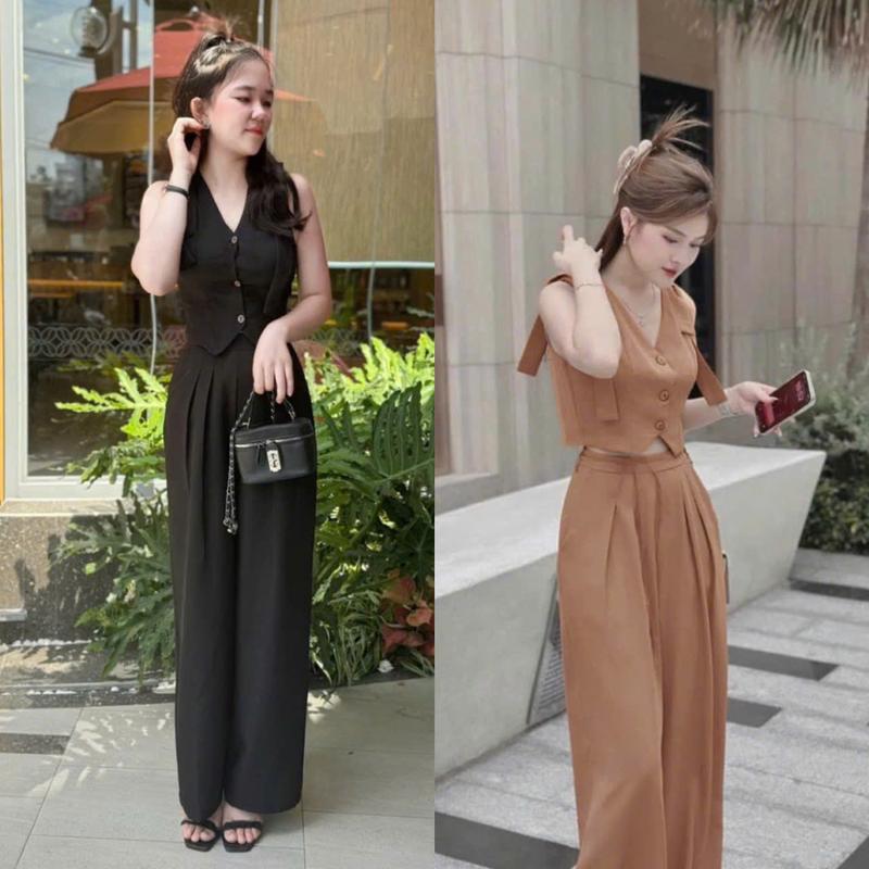  A11:Set bộ áo gile cổ v  + Quần ống dài suông rộng Cá tính sành điệu thời thượng dành cho nữ vải lụa Hàn mềm mịn đủ size S M L XL Women Top hoaiphuongshop hoaiphuongxuongmay 