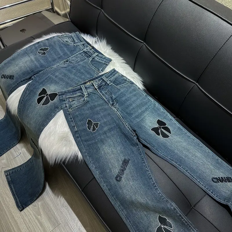[N550 - Loe] Quần Jean Ống Loe thêu nơ đính đá chất vải QC mềm co giãn màu xanh rêu bụi dài 95cm 1