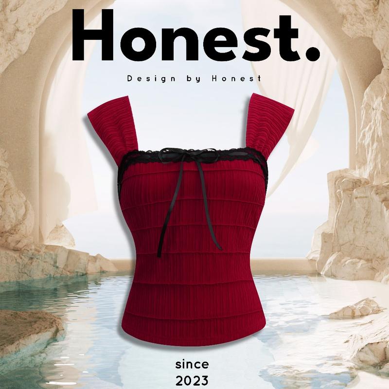 AUDREY TOP - VERSION 2 - Áo cổ vuông phối nơ luồn ren xinh xắn cho nữ mùa hè Honest Store Women Sơ Mi Voan