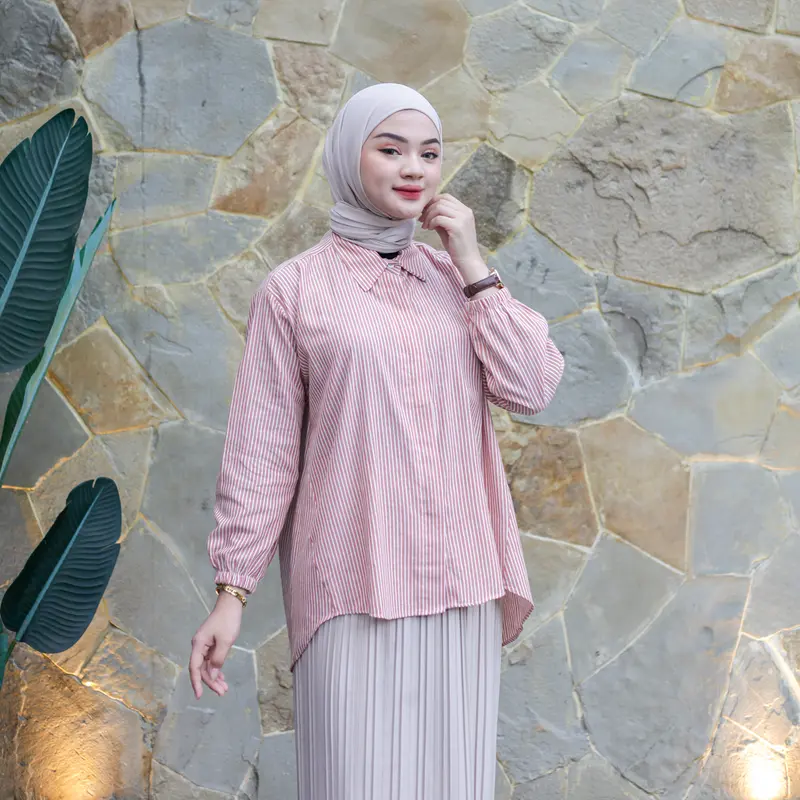 ELF STORE - KARA Kemeja Atasan Salur Stripe Katun LD Jumbo Wanita Muslim Panjang Kekinian Baju Oversize 6