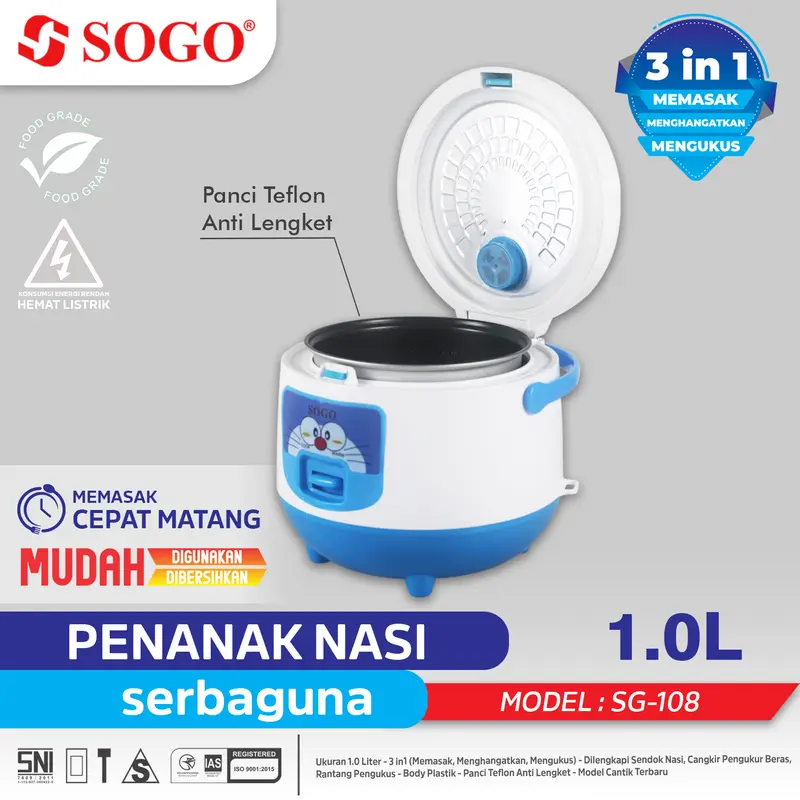 Magic Com 3-in-1 SOGO 1L - Penanak Nasi Mini Anti Lengket dengan Panci Teflon dan Rantang Pengukus - Sendok 1