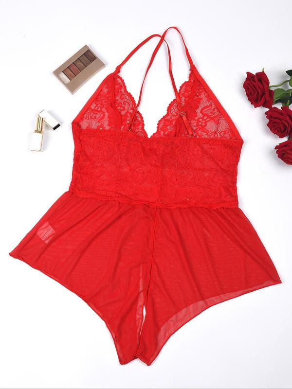 【Plus Size】 Contrast Lace Criss Cross Backless Cami Sexy Bodysuit Costumes, Solid Spaghetti Strap One-piece Sexy Costumes, Women's Sexy Lingerie for All Seasons, Naughty Lingerie 1