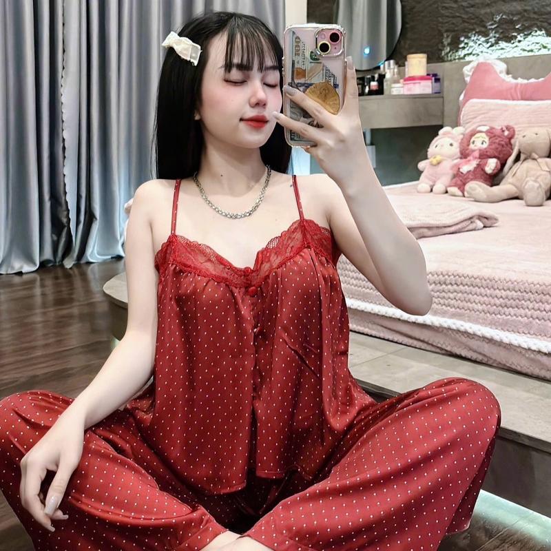  Sét bộ hai dây quần dài phối ren chất lụa latin siêu mát mịn  freesize 40-60kg  - Nữ - Women Quần Ngủ Áo Voi do boxinh 