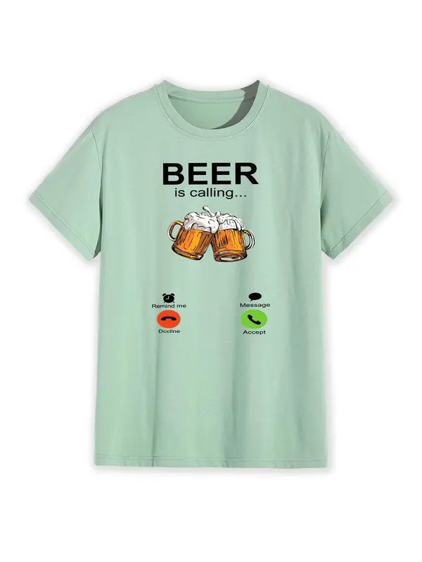 Men's Beer & Letter Graphic Round Neck Tee, Casual Comfy Regular Fit Short Sleeve T-Shirt for Summer, Knitting Top for Men, Graphic Tees 5