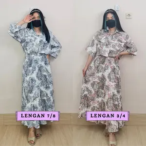 4772 fuji en floral button pocket long sleeves plisket skirt one set rok Atasan Fit Kancing Kantong Karet Katun Bawahan Shakila Setelan Simple