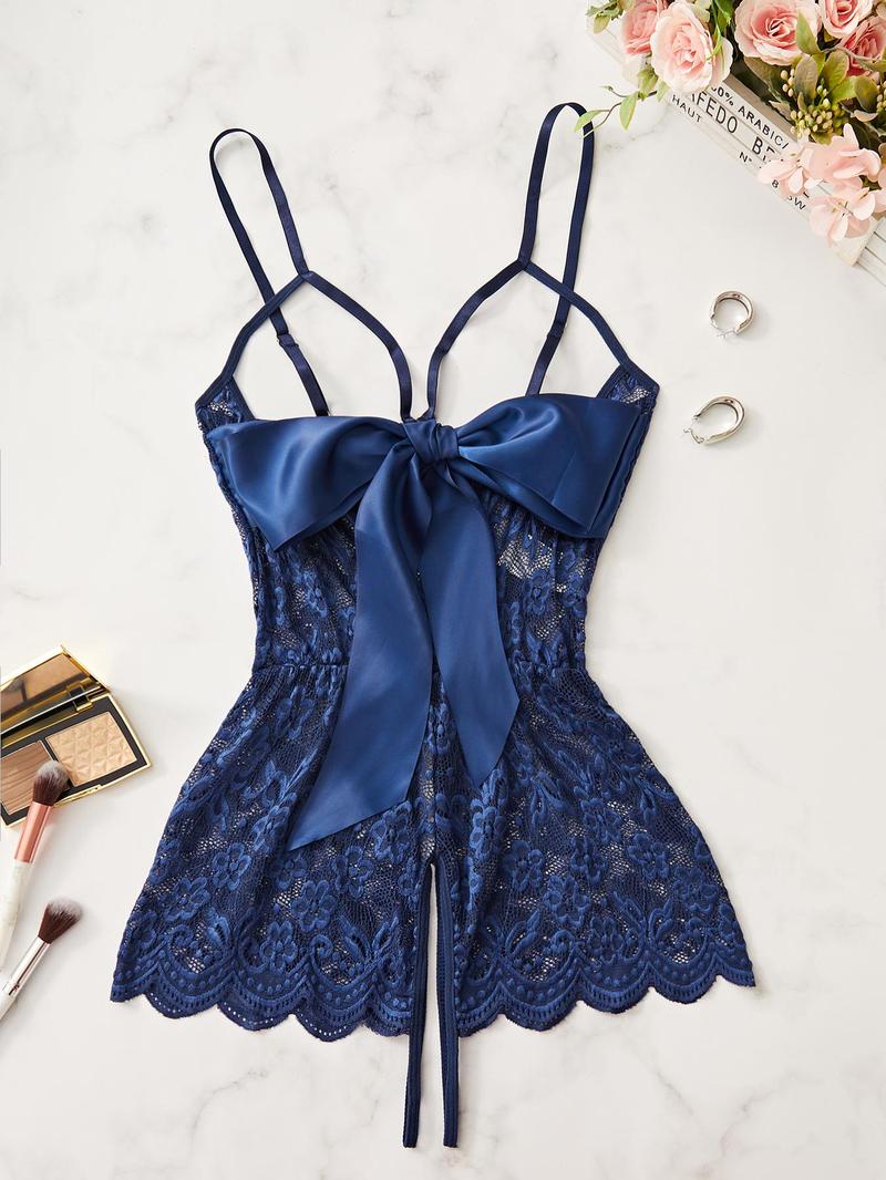 Product Introduction of Women's Floral Lace Bow Decor Sexy Cami Bodysuit, Sleeveless Bodysuit for Daily Wear, Ladies Sexy Lingerie for All Seasons 3