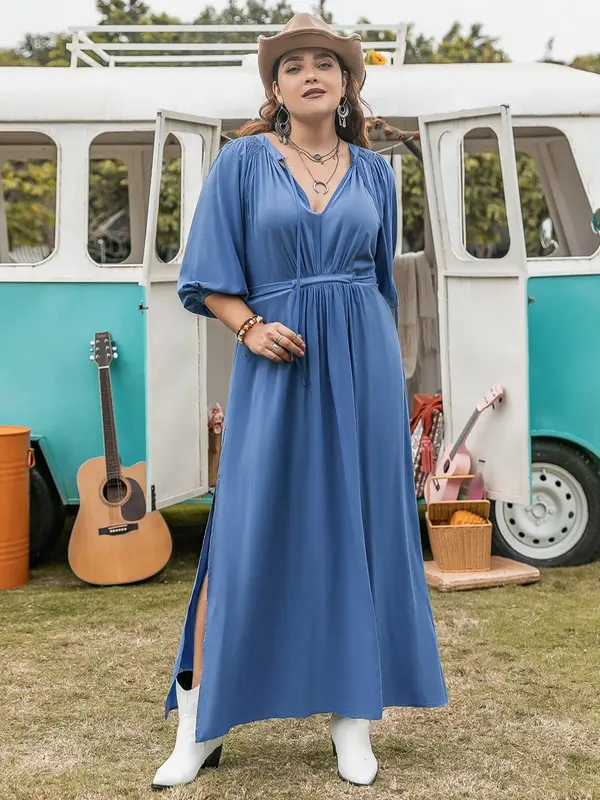 【Plus Size】Solid Color Tie Neck Split Side Dress, Casual Half Sleeve Long Dress for Daily Wear, Women's Plus Clothing for All Seasons 2