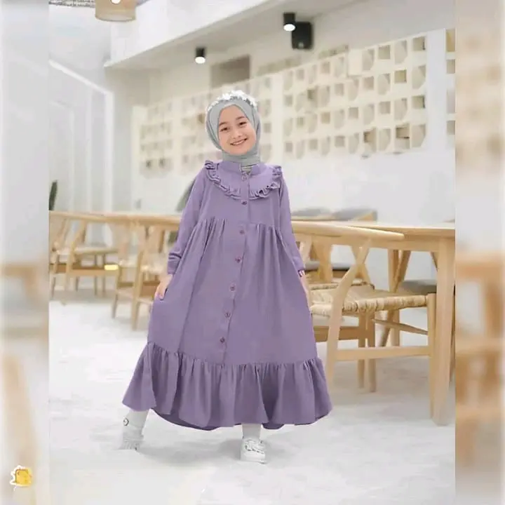 Baju Gamis Anak Perempuan 2-7 Tahun / Dress Anak Perempuan Crinkle Airflow/ Baju Anak Muslim Hijab Panjang Ruffle Kerah Cantik Kancing Nyaman Variasi 4