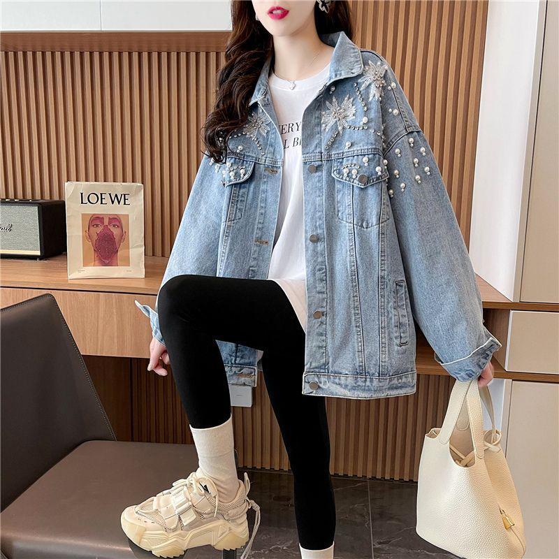 Product Introduction of 2024 Spring and Autumn New Design Heavy Rhinestone Denim Jacket for Women with Turn-down Collar Loose Korean Style Versatile Jacket Top 17