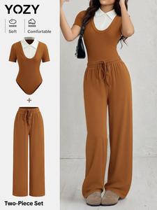 YOZY Women's Colorblock Patchwork Button Front Bodysuit & Drawstring Waist Pants Two-piece Set, Casual Short Sleeve Collared Bodysuit & Trousers for Daily Wear, Ladies Two-piece Outfits for All Seasons