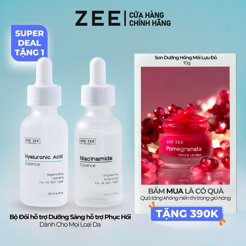 [SUPER DEAL MUA COMBO TẶNG 1] Bộ đôi hỗ trợ Dưỡng sáng hỗ trợ Phục hồi Niacinamide và Hyaluronic Acid Essence dành cho mọi loại da - TẶNG Son dưỡng hồng hỗ trợ giảm thâm môi lựu đỏ 10g ZEE ZEE Skincare