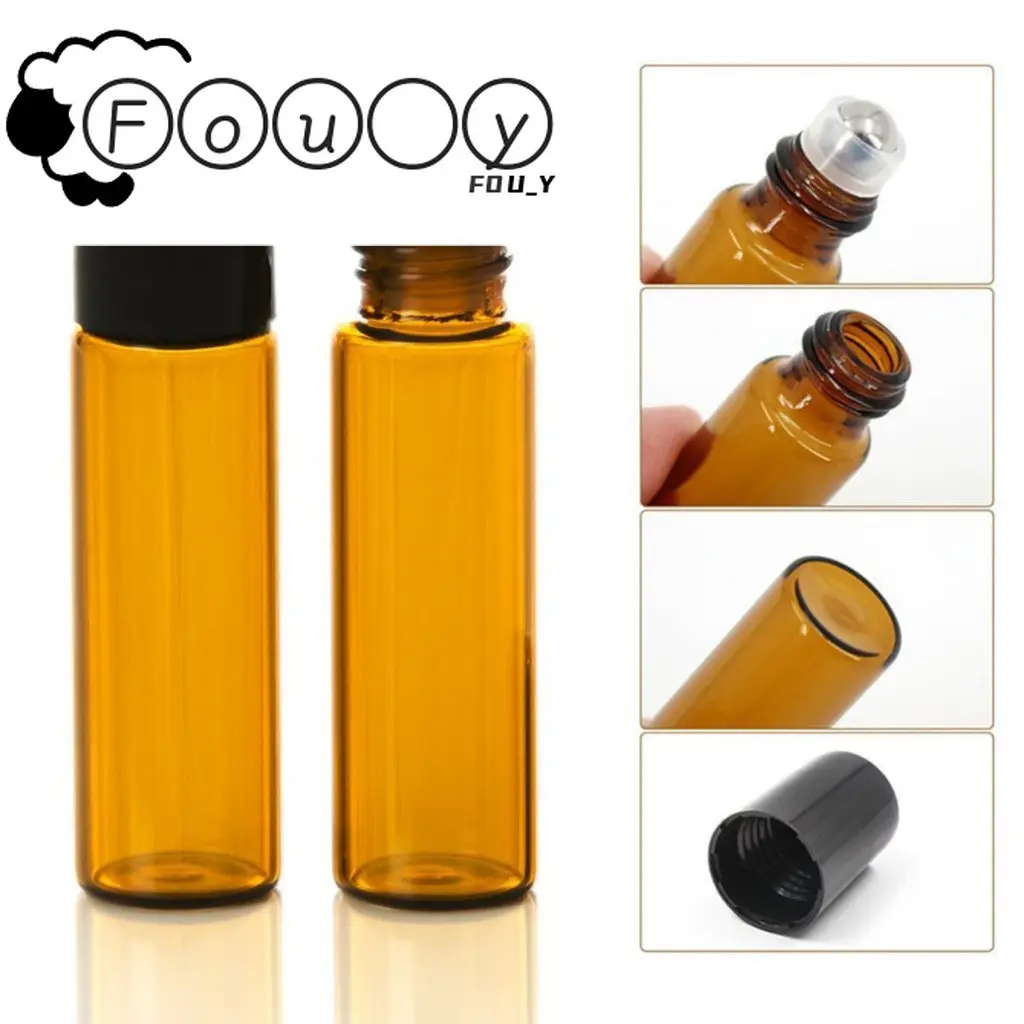 【Lequ】Free Funnel+Label Sticker -5ml 10ml 15ml 30ml 50ml 100ml Amber Glass Roll on Bottle Essential Oil Vials Brown roller glass bottle with steel ball