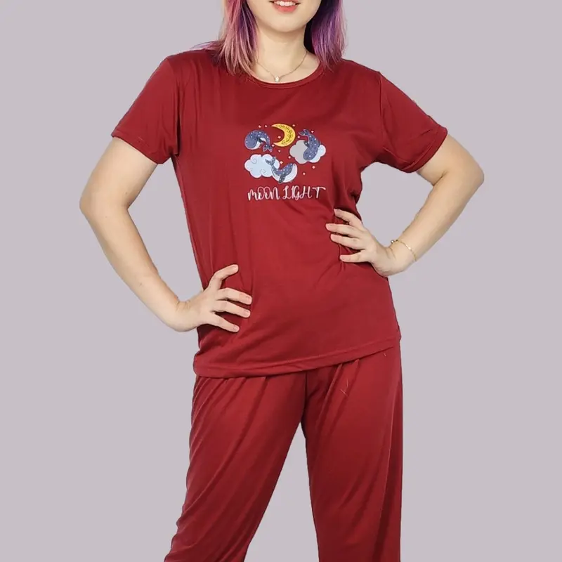 BAJU TIDUR WANITA SETELAN KAOS, PRINT KARAKTER LENGAN PENDEK 4