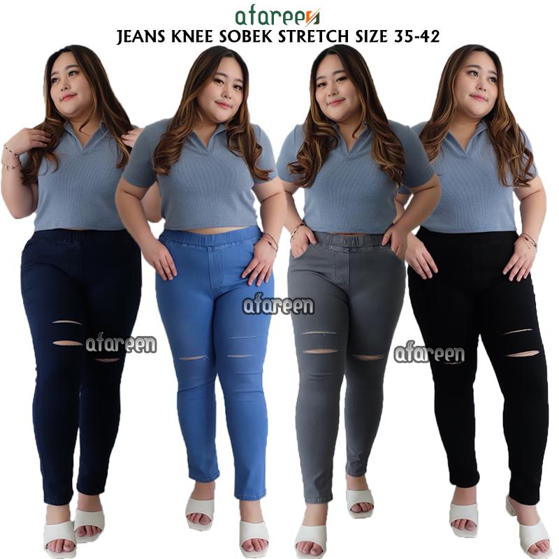 Afareen - Jeans Pinggang Karet Jumbo Ripped Celana Jeans Sobek Wanita Knee Legging Jeans Jumbo Size 31-43 1
