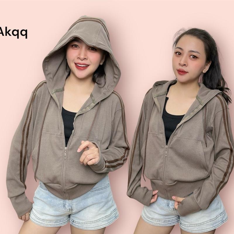 Viền Nón Áo khoác nữ gân tăm 2 sọc tay viền nón Vải gân dày dặn 6 túi nón to chống nắng - V3 Women Jacket Top a o