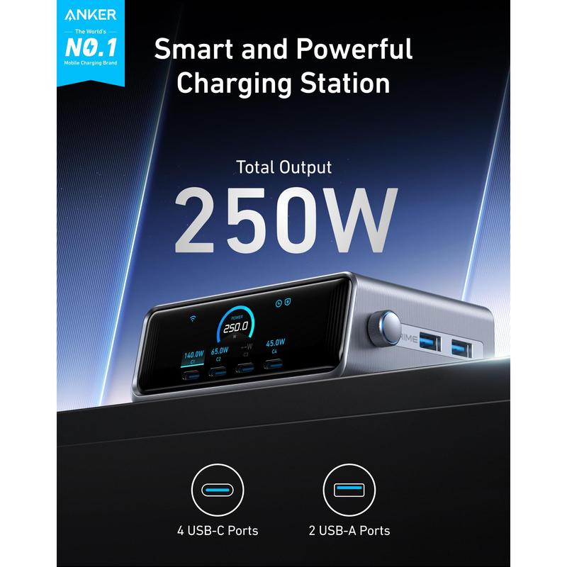 Anker Prime Charger, 250W 6-Port GaN Charging Station Fast Charging USB C Charger Adapter Desktop Multi Plug A2345 1