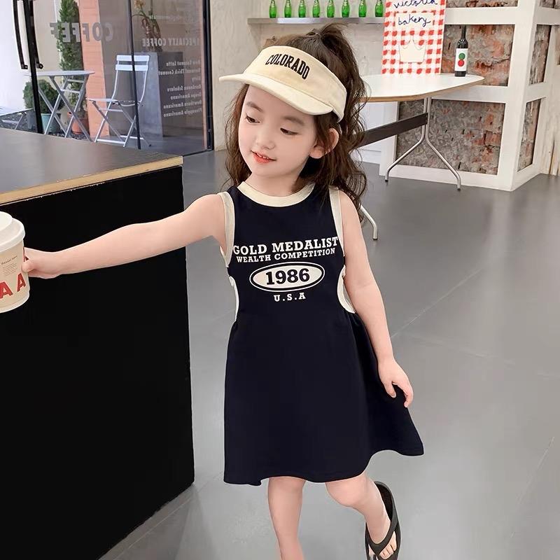 Váy ba lỗ khoét eo in chữ sành điệu cho bé gái, chất cotton, 3 màu trắng, đen, hồng, size 11-27kg 1