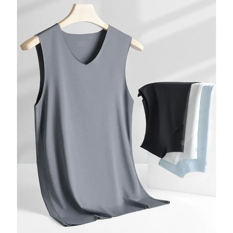 Kaos Dalam Pria Singlet Polos Warna V Neck Ice Silk Spandex T-Shirt Tipis Tali Besar JCKS11 7