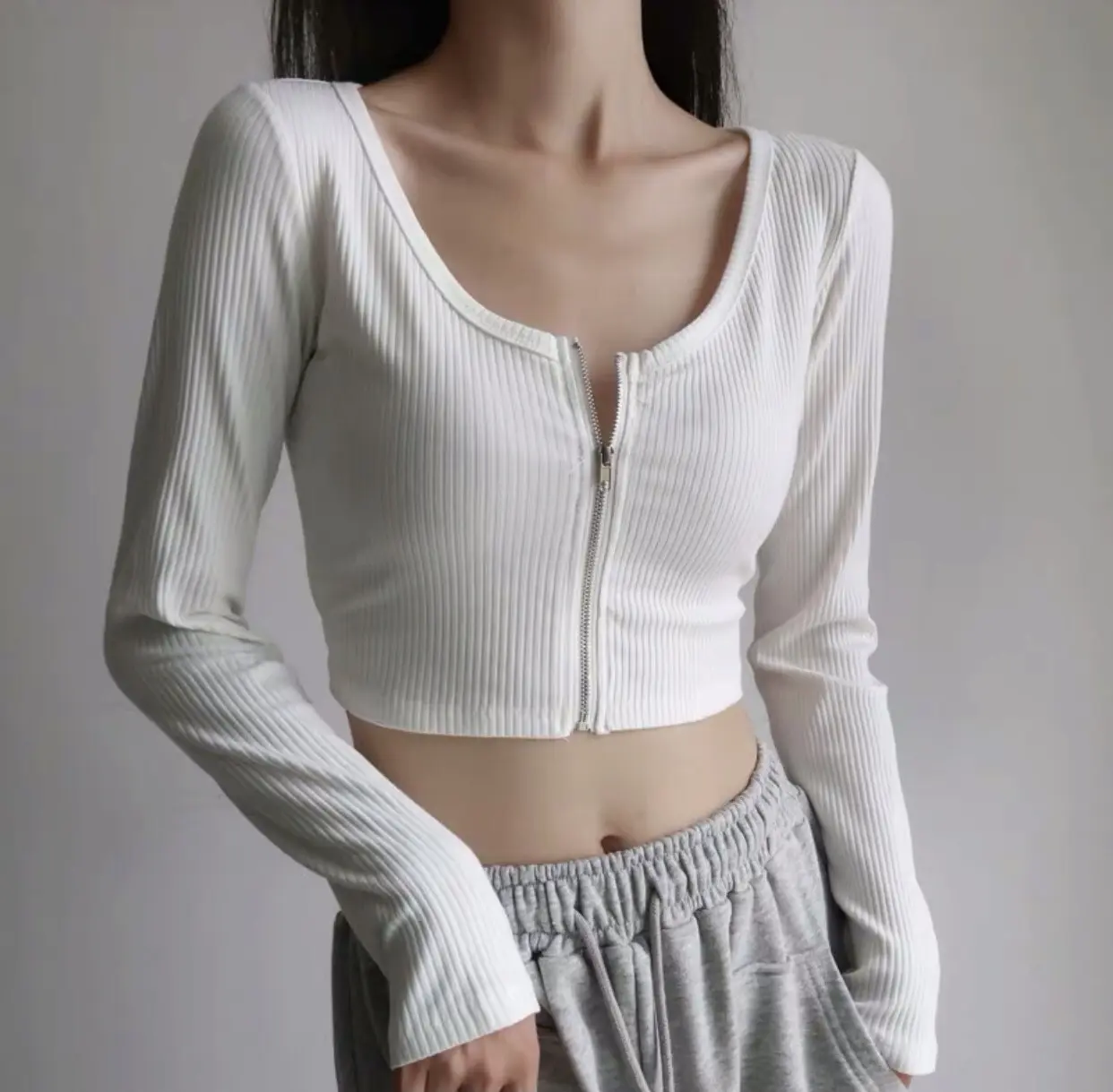 Áo croptop tay dài dây kéo thun gân - Crt dài tay dây kéo chất đẹp A4-00 | BigBuy360 - bigbuy360.vn