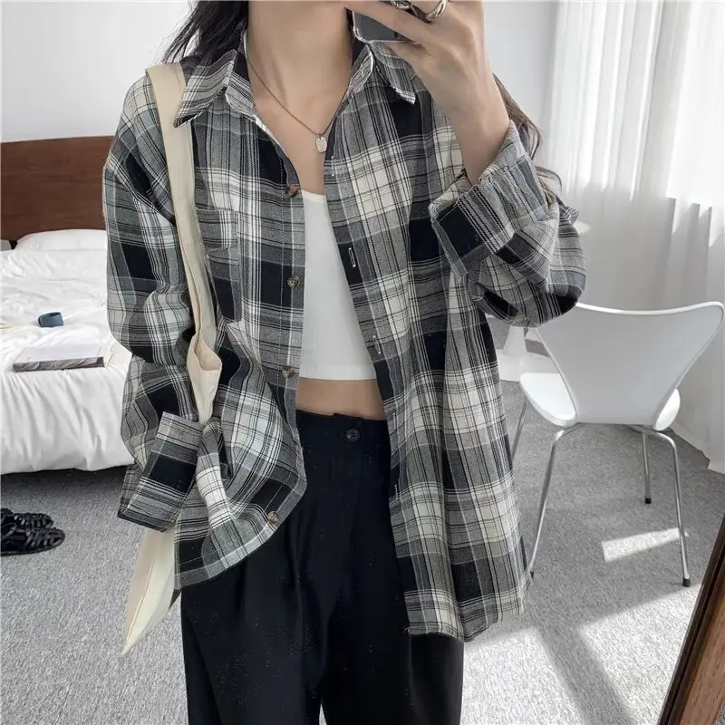Kemeja Kotak-kotak Biru / Kemeja Wanita Lengan Panjang korean style Atasan Linen Casual Oversize 8