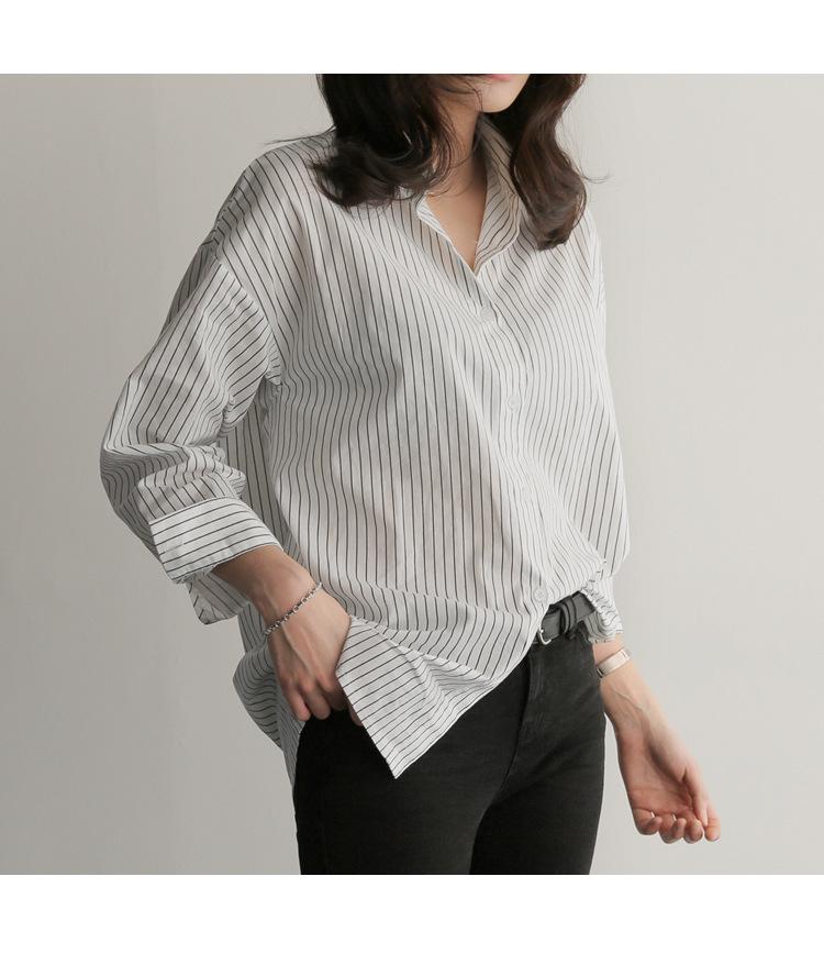 Product Introduction of 2023 Spring/Summer New Mid length Versatile Loose Blue Vertical Stripe BF Large Long Sleeve Shirt Women's Summer Han Style Top Blouse 13