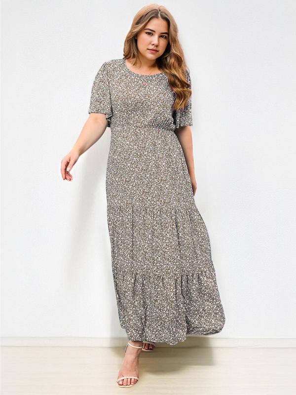 【Plus Size】 Ditsy Floral Print Round Neck Dress, Fashion Casual Short Sleeve Long Dress for Daily Holiday Vacation Wear, Women Plus Clothing for All Seasons 3