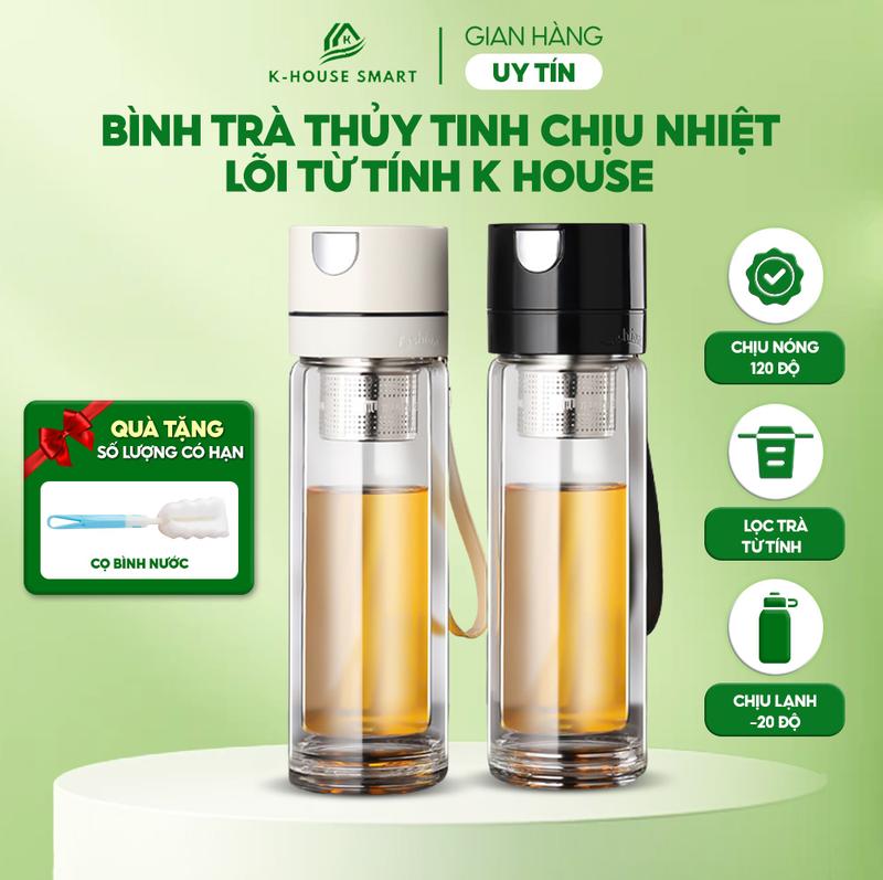 K-HOUSE SMART Bình Nước Thủy Tinh Thông Minh 500ml & 600ml K House Smart Có Lõi Lọc Trà Từ Tính Tự Động Thả Xuống Chịu Nhiệt Độ Cao Tặng Kèm Cọ Bình