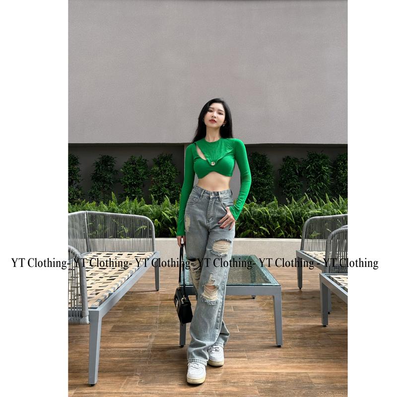 XÃ KHO NGHỈ BÁN Quần Jeans Nữ Ống Suông Quảng Châu, Rách Đùi, Lưng Cao 2