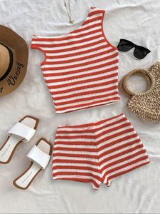 Conjunto de top asimétrico y shorts con patrón de rayas para mujer sin accesorios, top sin mangas y shorts casuales, verano para damas