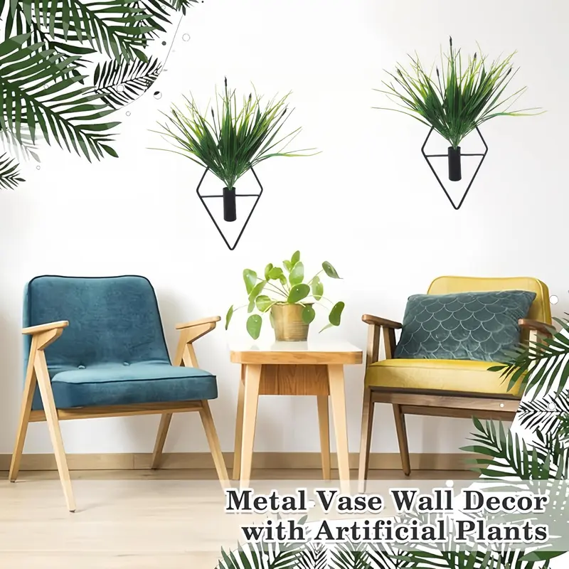 Metal Wall Hanging Decor, 1 Pair Geometric Design Wall Hanging Plant Holder with Artificial Plant, Modern Wall Art for Home Bedroom Living Room Office 6