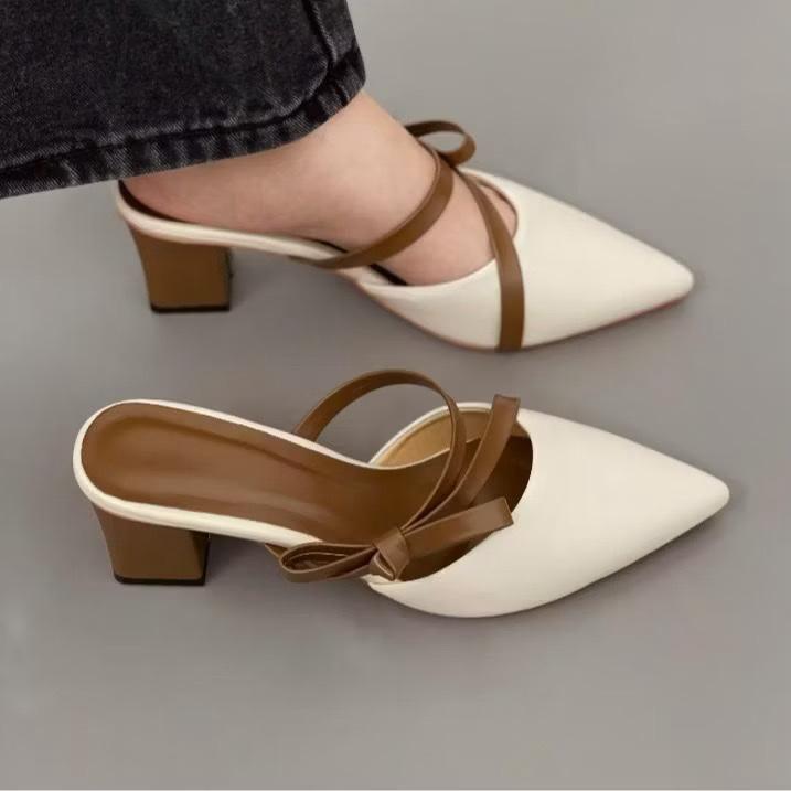   Phom nhỏ chân đầy nâng size  Giày sục cao gót vuông 3p,5p và 7p bít mũi da mềm dây mảnh kết nơ chéo hông - BM133 