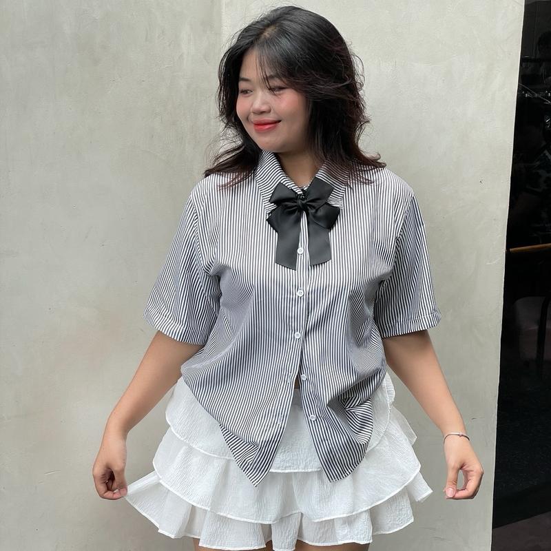 Áo sơ mi nữ tay ngắn dáng rộng kèm quần phối ren bigsize 90kg