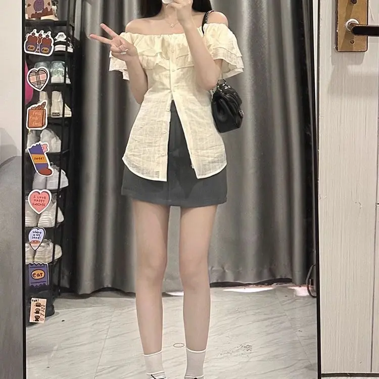 Áo Trễ Vai Phối Bèo Tay Ngắn Chiết Eo sẵn ( ko dây buộc)  , Áo Sơmi Kiểu Nữ Cộc Tay Trễ Vai Siêu nữ tính ( có bigsize) | BigBuy360 - bigbuy360.vn