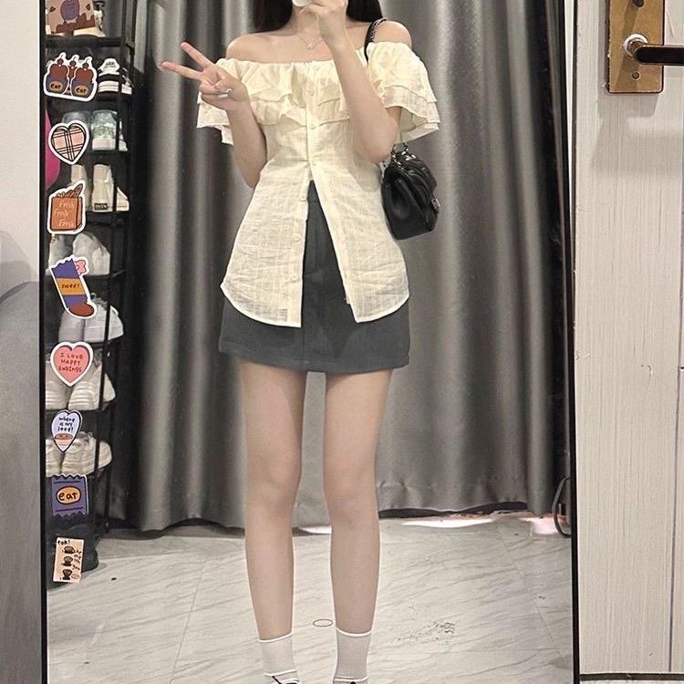 Áo Trễ Vai Phối Bèo Tay Ngắn Chiết Eo sẵn ( ko dây buộc)  , Áo Sơmi Kiểu Nữ Cộc Tay Trễ Vai Siêu nữ tính ( có bigsize) | BigBuy360 - bigbuy360.vn