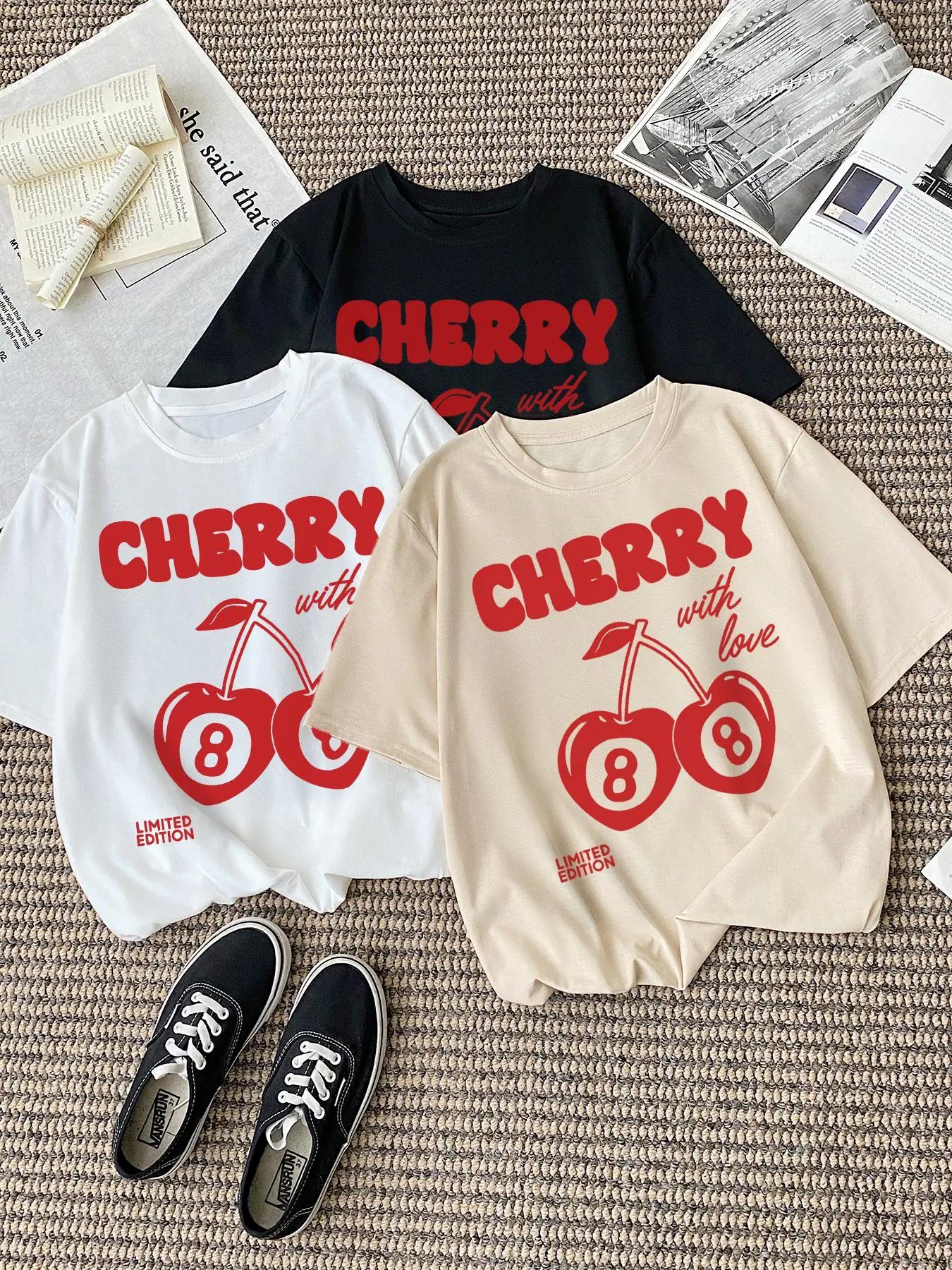 Women's Cherry Print Round Neck Tee, Casual Short Sleeve Crew Neck T-shirt for Daily Wear, Ladies Clothes for All Seasons