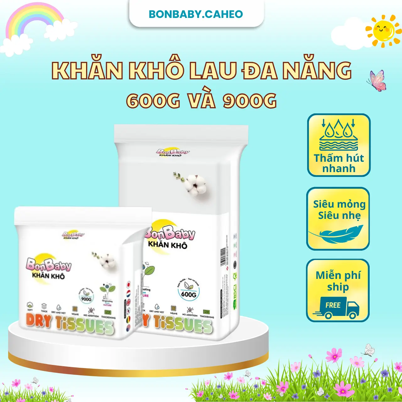 Khăn Khô đa năng Bonbaby diệt khuẩn Nano an toàn cho bé Loại 600gram và 900gram Khăn Ướt