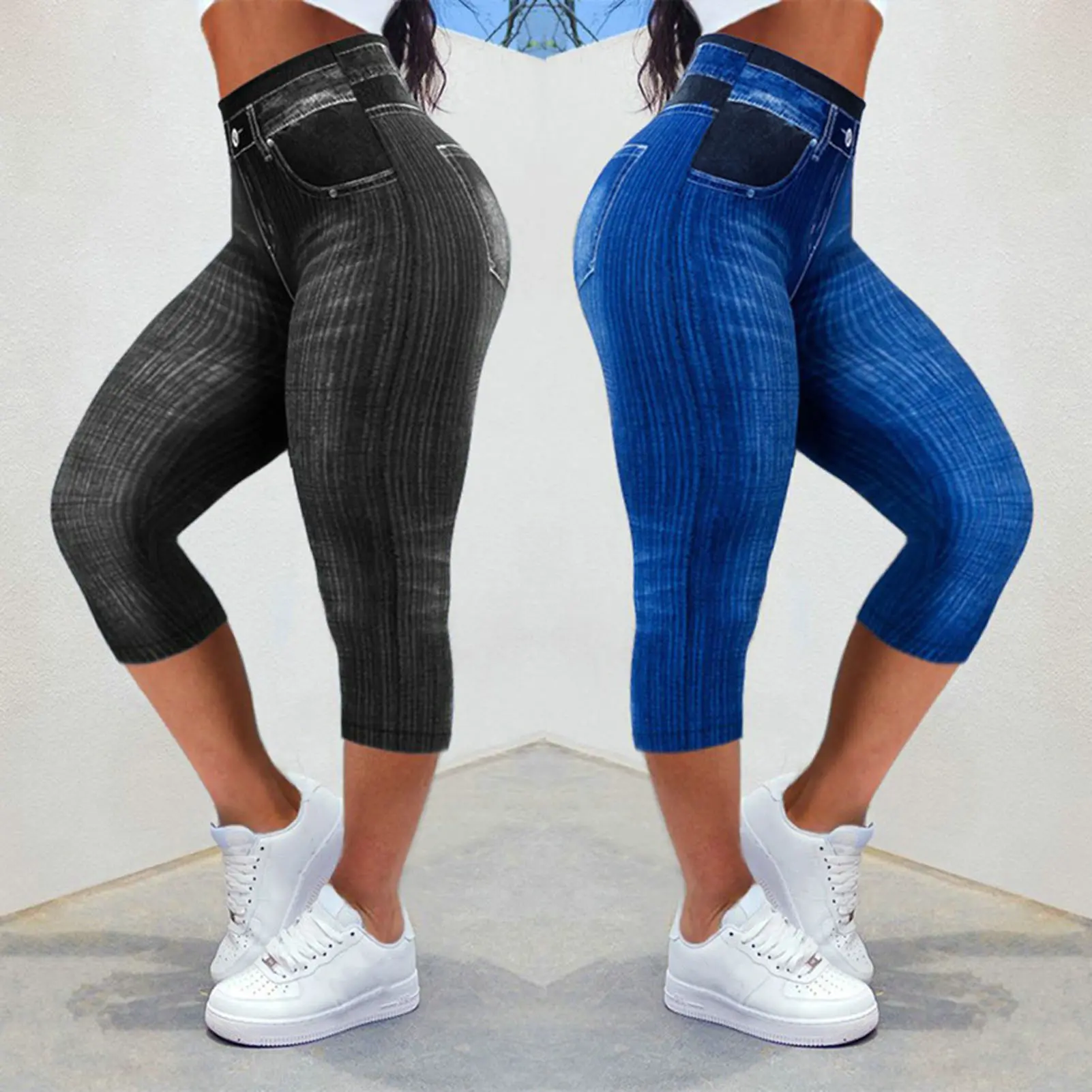 Jean dalam Denim Tiruan untuk wanita, seluar pendek, Regangan, Kecergasan, poket palsu, pinggang tinggi, angkat punggung, lembut, kasual, nipis, pensel