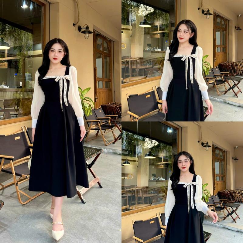 M62 - Váy Thiết Kế Evii dành cho nữ ,Đầm thiết kế cổ vuông dây nơ chữ may liền trước ngực phối tơ dài tay dáng A xòe dài phù hợp đi làm đi chơi và đi dự tiệc Có Bigsize Women Dress Voan