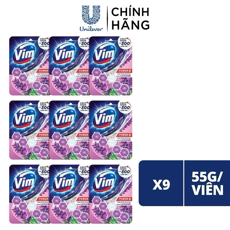 Combo 9 Viên Treo Vệ Sinh Bồn Cầu Vim Power 5 | Sạch Thơm Đến 300 Lần Xả (55g/viên) Làm Sạch