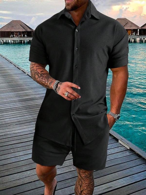 Men's Solid Short Sleeve Polo Shirt & Shorts Jacquard Knits Set, Regular Fit Casual Comfy Button Front Top & Shorts for Summer, Men's Clothes for Beach Vacation 2