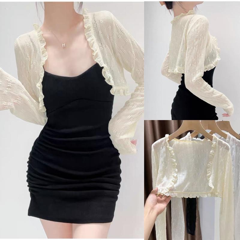 Áo cardigan mỏng dáng ngắn VIỀN BÈO phong cách nhẹ nhàng HA24-04 Nữ Ren Top Women Kem Sơ Mi Kaki Shirt